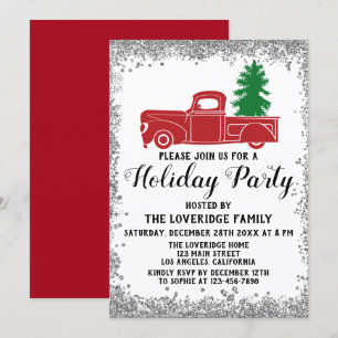 Invitation Sapin de Noël Camion Rouge Fête de Noël Argent