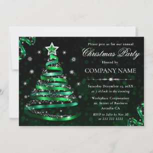 Invitation Sapin de Noël élégant vert et argenté scintillant 