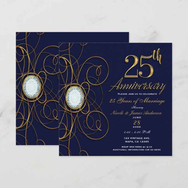 Invitation Sapphire Bleu & Or Diamant 25 25e anniversaire (Devant / Derrière)
