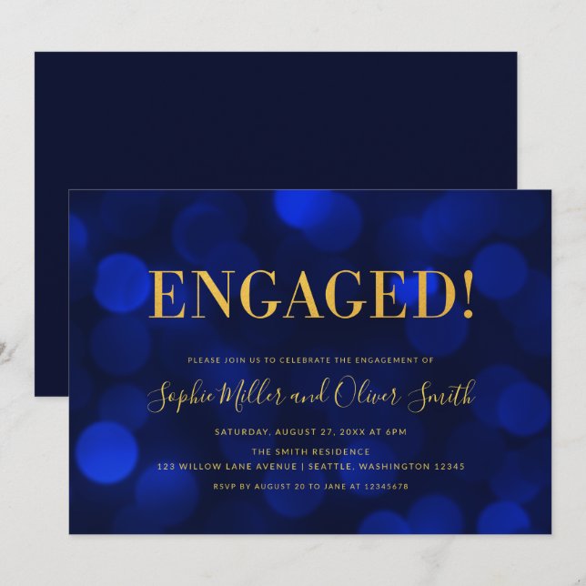 Invitation Sapphire Blue Bokeh Faux Gold Engagement Party (Devant / Derrière)