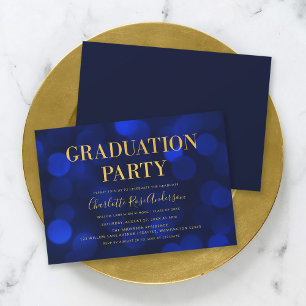Invitation Sapphire Blue Bokeh Faux Gold Graduation Party