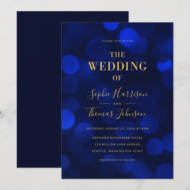 Invitation Sapphire Blue Bokeh Lights Faux Gold Mariage (Devant / Derrière)