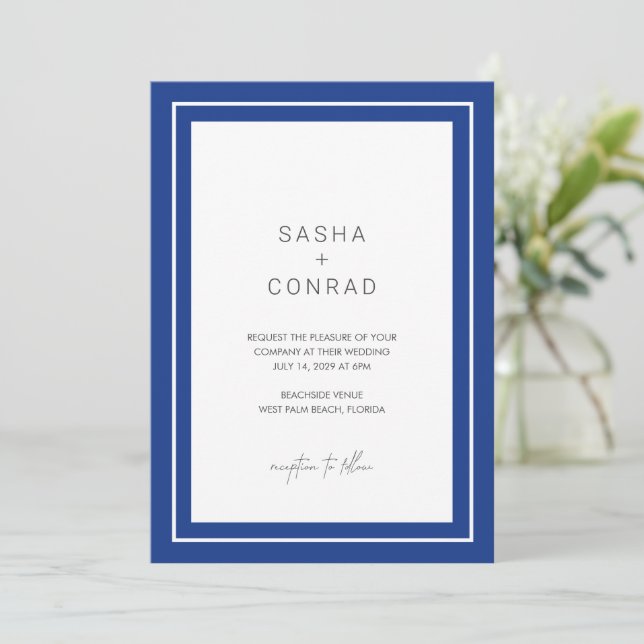 Invitation Sapphire Blue Bold Bordure moderne Mariage (Debout devant)