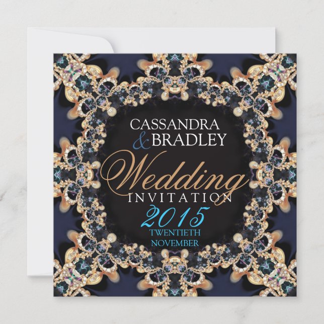 Invitation Sapphire Blue Gold Dentelle Bijou Mariage Invitati (Devant)