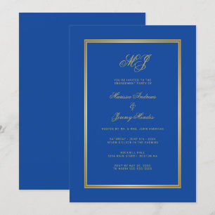 Invitation Sapphire Blue Gold Monogram Partie d'engagement