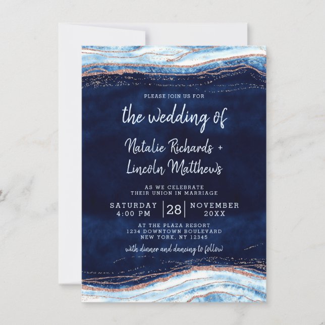 Invitation Sapphire Blue Rose Gold Geode Agate Marbre Mariage (Devant)