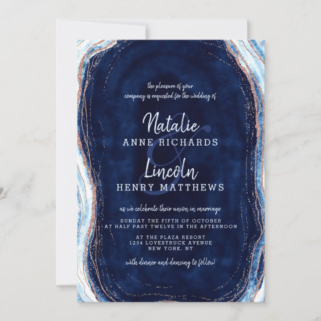 Invitation Sapphire Blue Rose Gold Geode Agate Slice Mariage (Devant)