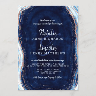 Invitation Sapphire Blue Rose Gold Geode Agate Slice Mariage