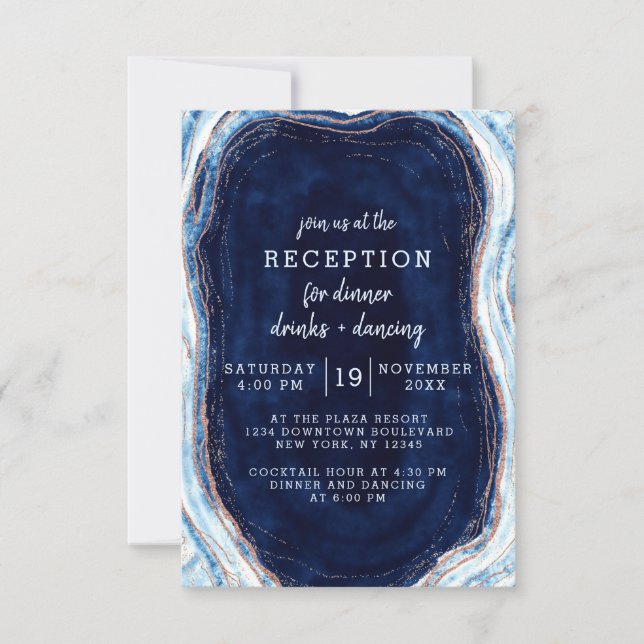Invitation Sapphire Blue Rose Gold Geode Réception de mariage (Devant)