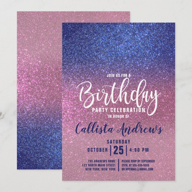 Invitation Sapphire Blue Rose Triple Parties scintillant Ombr (Devant / Derrière)