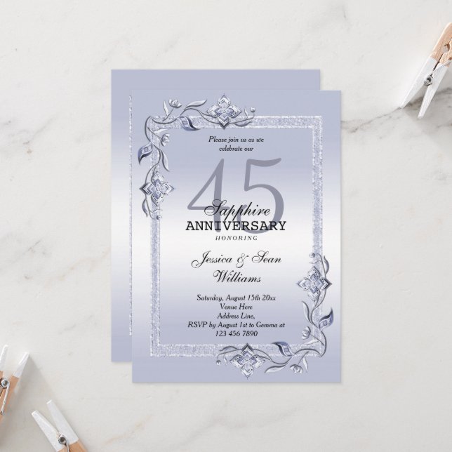 Invitation Sapphire Gem & Glitter 45e anniversaire de mariage (Devant/Arrière en situation)