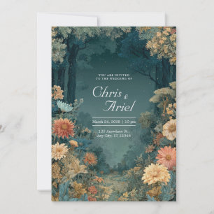 Invitation Sarcelle Bohème Floral Forêt Sombre Bois Lugubre