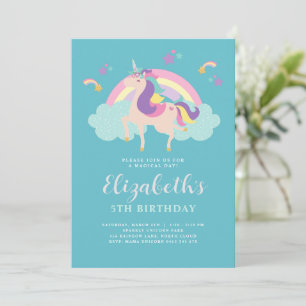 Invitation Sarcelle Cute Rainbow Unicorn Personnalisé Anniv