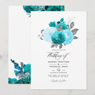 Invitation Sarcelle - Mariage floral turquoise et argent