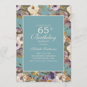Invitation Sarcelle Violet Moutarde Ivoire Floral 65e Anniver