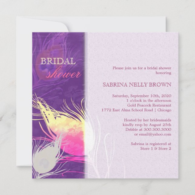 Invitation Sassy Peacock Feather Fête des mariées Silhouette (Devant)