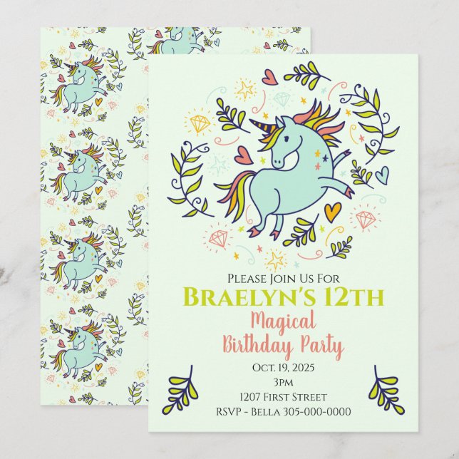 Invitation Sassy Unicorn Magique Anniversaire (Devant / Derrière)
