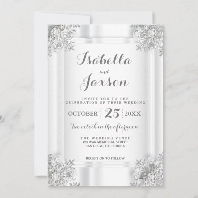 Invitation Satin Blanc Élégant et Ornements Blanc Argenté (Devant)