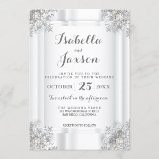 Invitation Satin Blanc Élégant et Ornements Blanc Argenté
