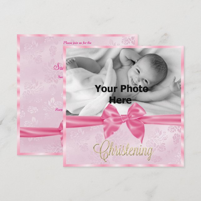 Invitation Satin Bow Photo Christening Girl's (Devant / Derrière)