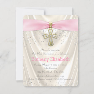Invitation Satin de première communion ivoire et rose