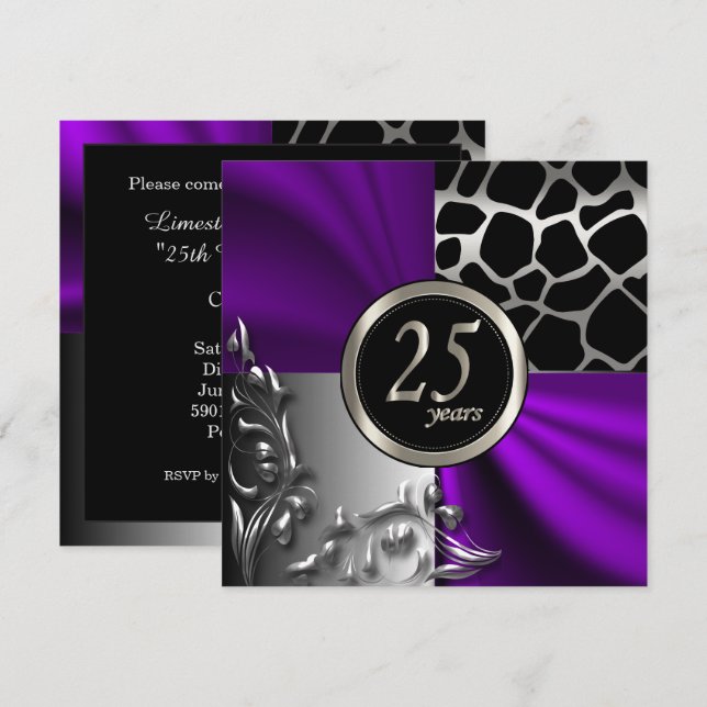 Invitation Satin Pourpre & Argent Fête des 25 Ans (Devant / Derrière)