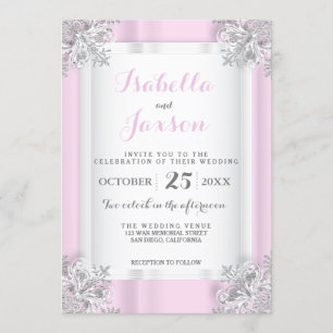 Invitation Satin rose et blanc élégant avec fleuri argenté