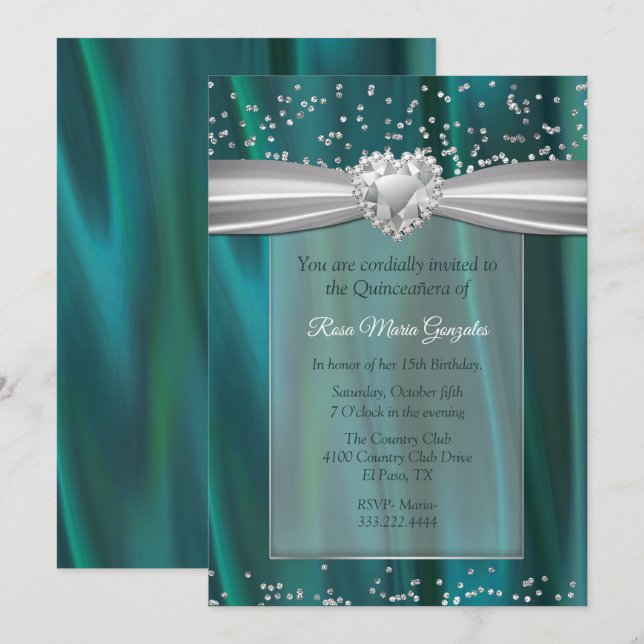 Invitation Satin turquoise et diamants Quinceañera (Devant / Derrière)