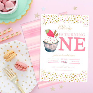 Invitation Sauces roses Cupcake fraise 1er anniversaire