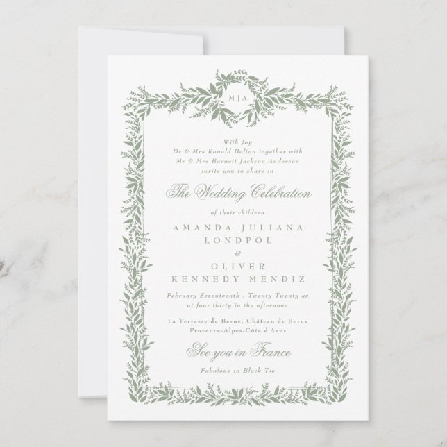 Invitation sauge botanique vert classique cadre feuillus mari (Devant)