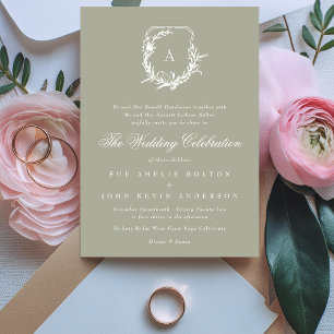 Invitation sauge vert monogramme classique poitrine mariage