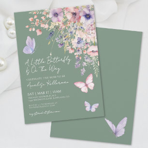 Invitation Sauge Verte Papillon Fête Prénatale de Fleurs Sauv