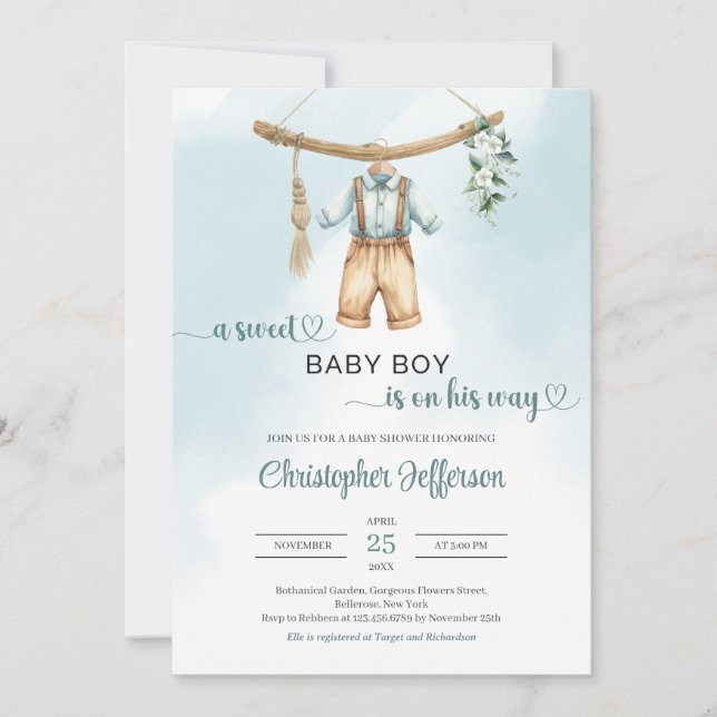 Invitation Sauge vintage vert eucalyptus garçon vêtements béb (Devant)