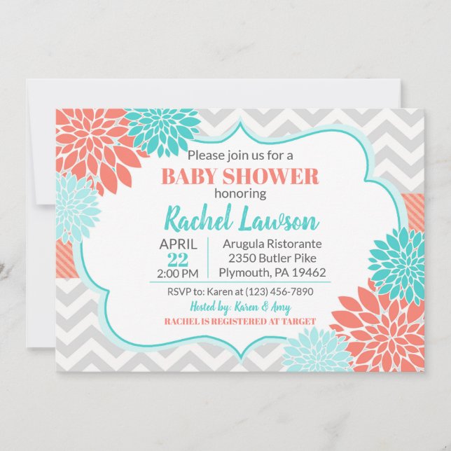 Invitation Saumon & fleurs turquoise Baby shower Floral (Devant)