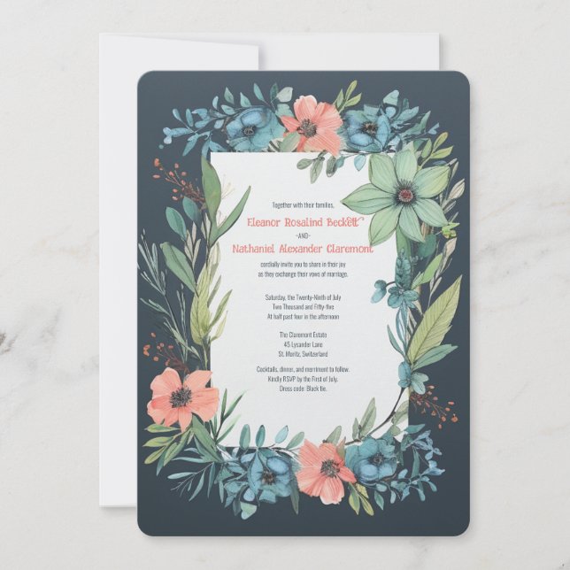 Invitation Saumon floral Whimsical Mariage bleu vert (Devant)