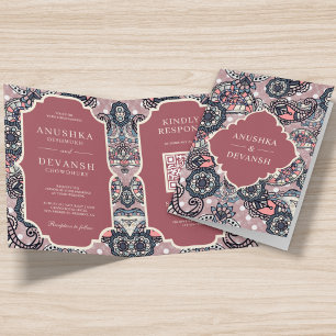 Invitation Saumon Pink Paisley Motif QR Code Indien Mariage