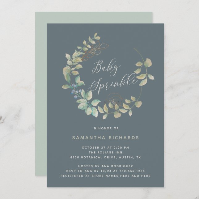 Invitation Saupoudrage de bébé botanique en or à couronne feu (Devant / Derrière)