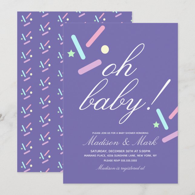 Invitation Saupoudrage minimaliste Baby shower violet (Devant / Derrière)