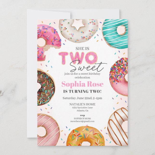 Invitation Saupoudré de Donut deux douces fête d'anniversaire (Devant)