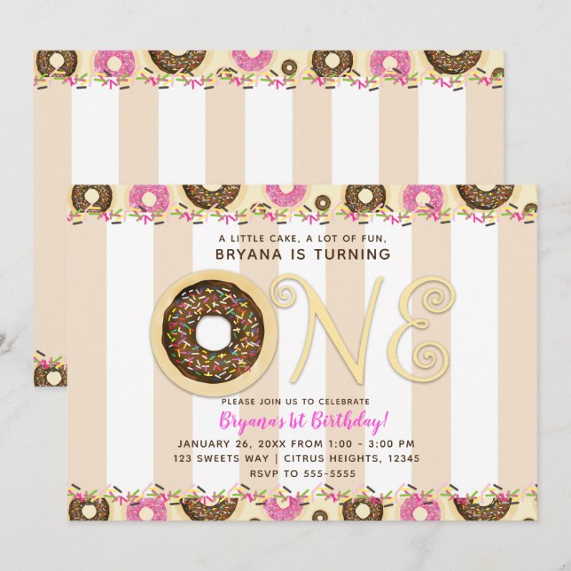 Invitation Saupoudrer de crème Brown Donuts UN 1er anniversai (Devant / Derrière)
