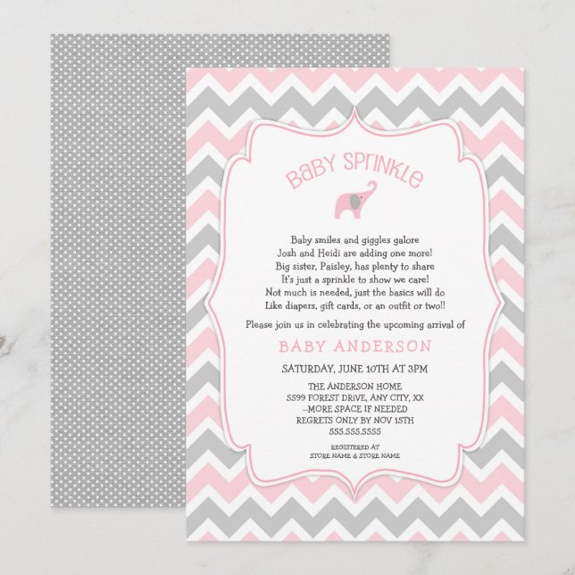 Invitation Saupoudrer d'éléphant rose et gris (Devant / Derrière)