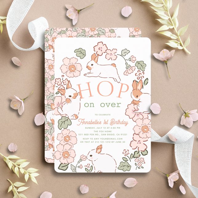 Invitation Sauter sur Bunny Boho Floral 1er anniversaire (Créateur téléchargé)
