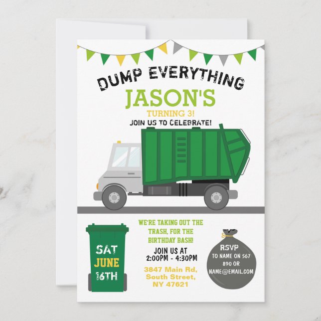 Invitation Sauter tout amusant Rubbbish Camion Anniversaire I (Devant)