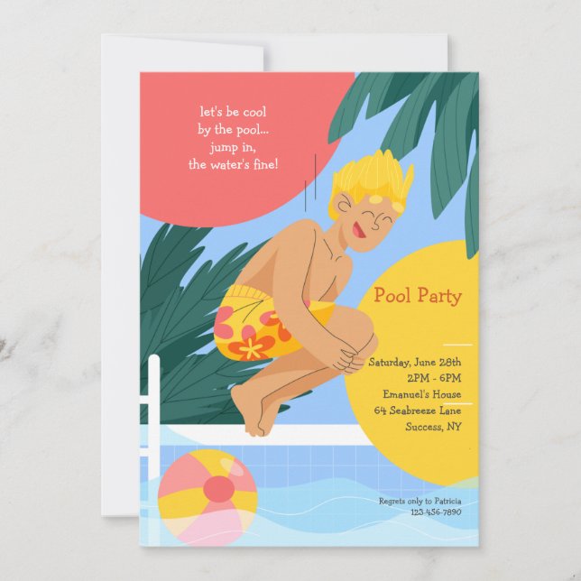 Invitation Sautez dans l'eau, la fête de la piscine est génia (Devant)