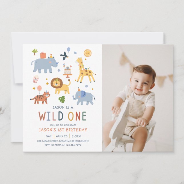 Invitation Sauvage 1er Anniversaire Safari Animaux Mignonne P (Devant)