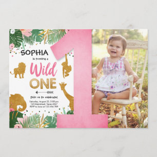 Invitation Sauvage Une Safari Fille d'Or Animaux Roses Annive