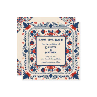 Invitation Sauvegarder la date, art folklorique floral, rouge