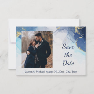 Invitation Sauvegarder la Date Bleu Or Aquarelle Mariage