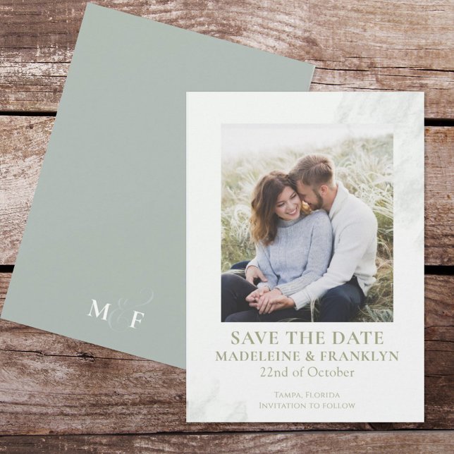 Invitation Sauvegarder la date de mariage vert aquarelle phot (Créateur téléchargé)