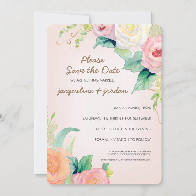 Invitation Sauvegarder la date Fleurs de roses aquarelles mod (Devant)